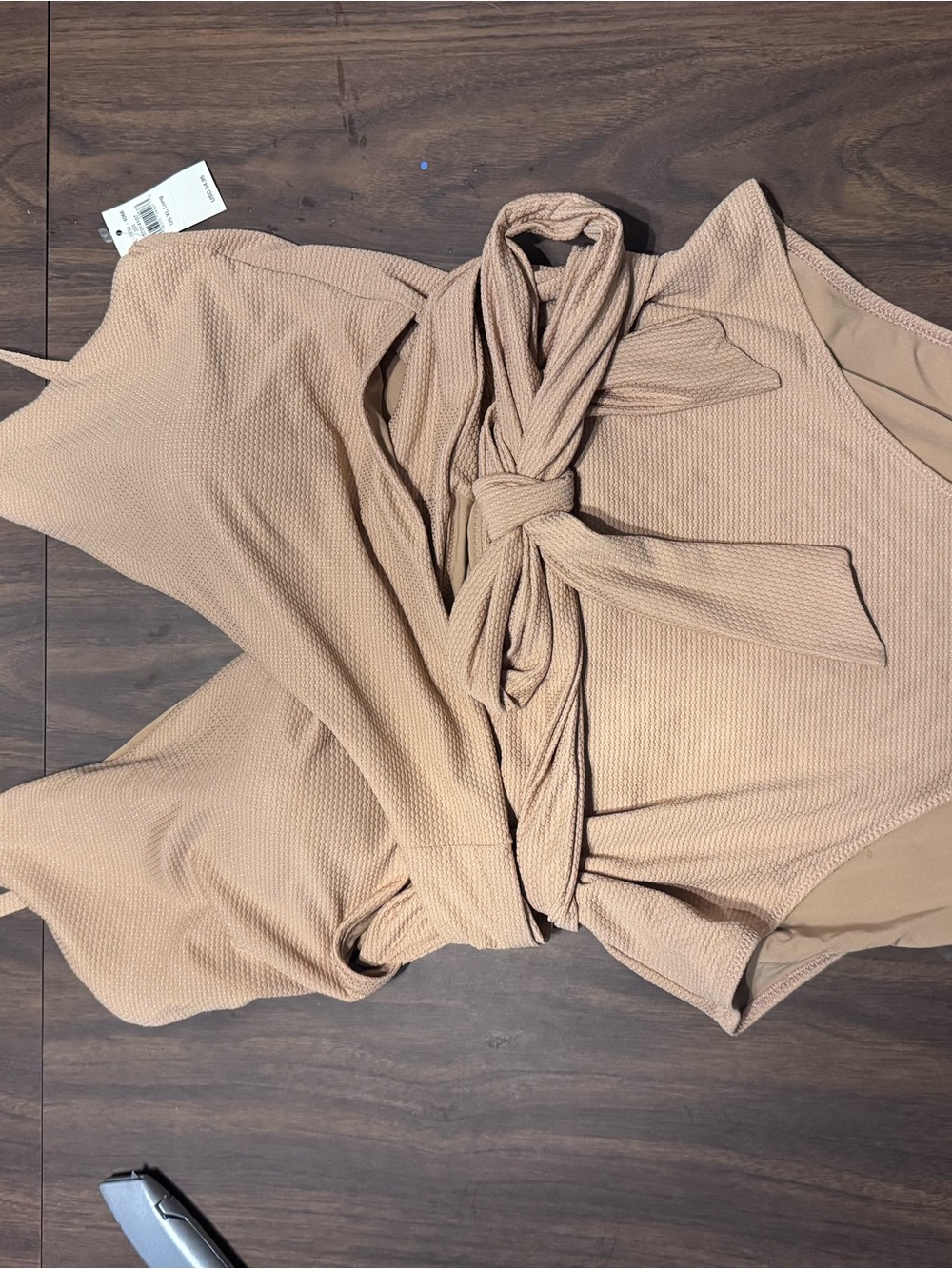 aerie One-Piece Swimsuit in Beige Tan with Waist Tie - Picture 2 of 5